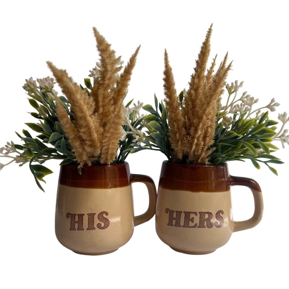 Vintage His and Hers Crock Mug Set Brown Tan Two Toned Glaze Stoneware Taiwan